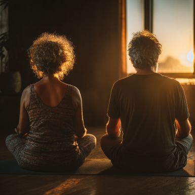 Група літніх людей займається йогою разом